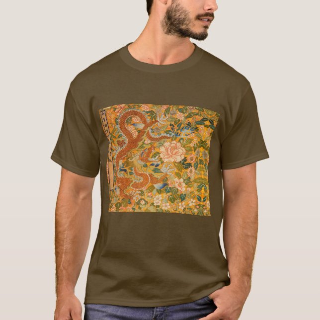 DRAGON AMONG PEONIES,FLOWERS,GREEN LEAVES Floral T-Shirt (Front)