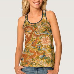 DRAGON AMONG PEONIES,FLOWERS,GREEN LEAVES Floral T Tank Top