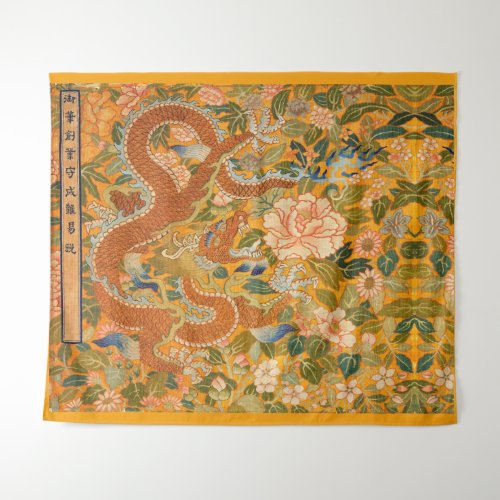 DRAGON AMONG PEONIESFLOWERSGREEN LEAVES Floral Tapestry