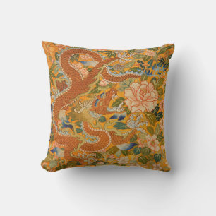 DRAGON AMONG PEONIES,FLOWERS,GREEN LEAVES Floral Throw Pillow