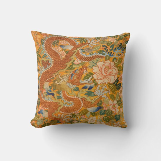 DRAGON AMONG PEONIES,FLOWERS,GREEN LEAVES Floral Throw Pillow (Front)