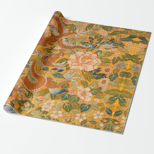 DRAGON AMONG PEONIESFLOWERSGREEN LEAVES Floral Wrapping Paper