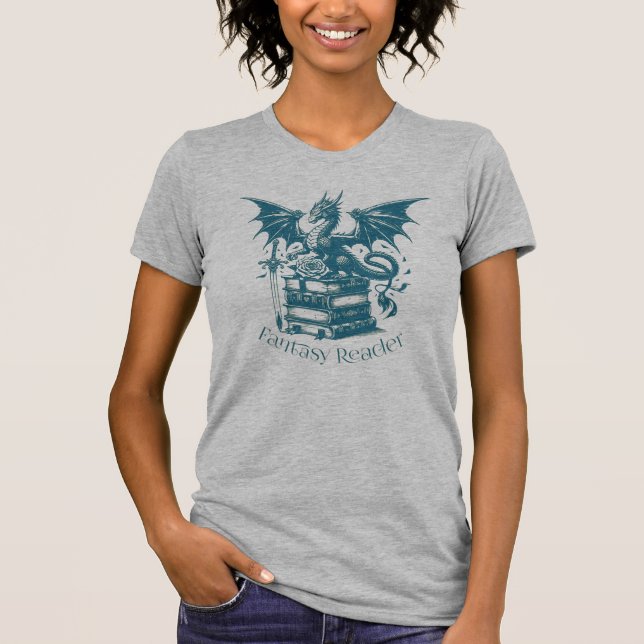 Dragon and Books Fantasy Reader T-Shirt (Front)