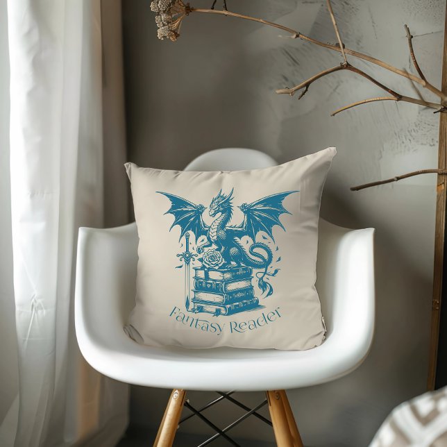 Dragon and Books Fantasy Reader Throw Pillow (Creator Uploaded)