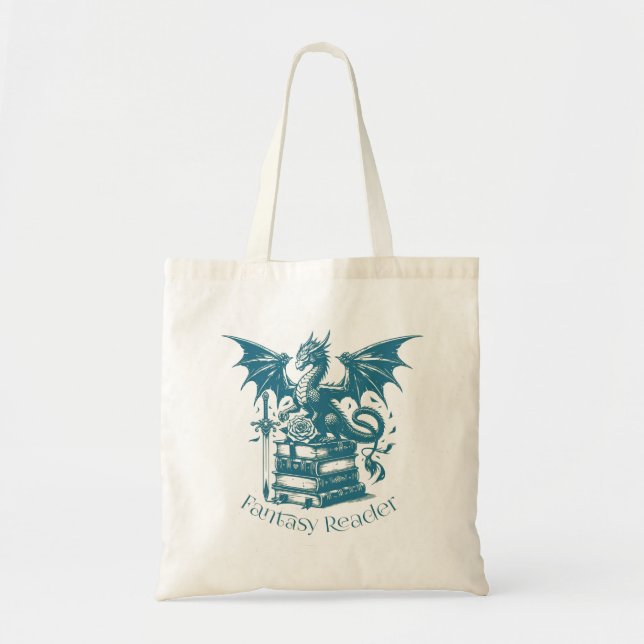 Dragon and Books Fantasy Reader Tote Bag (Front)