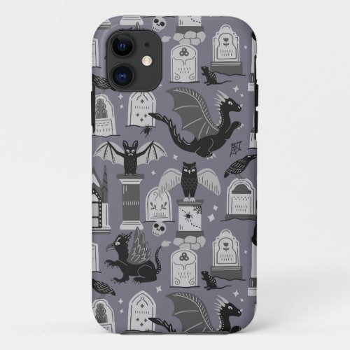 Dragon and gryphon in halloween cemetery _ gray iPhone 11 case