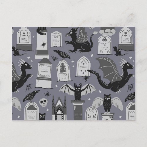 Dragon and gryphon in halloween cemetery _ gray holiday postcard