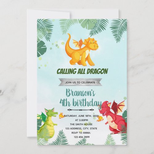Dragon and knight birthday theme invitation