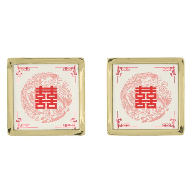 Dragon and Phoenix beige red chinese wedding Cufflinks (Front)