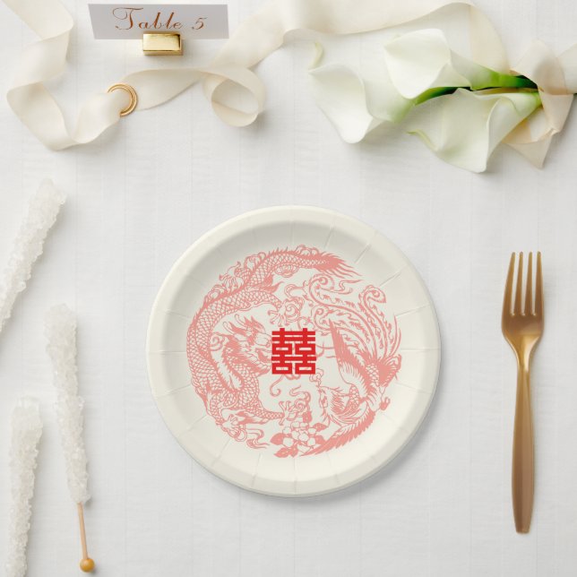 Dragon and Phoenix beige red chinese wedding Paper Plates (Wedding)