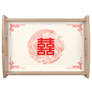 Dragon and Phoenix beige red chinese wedding Serving Tray