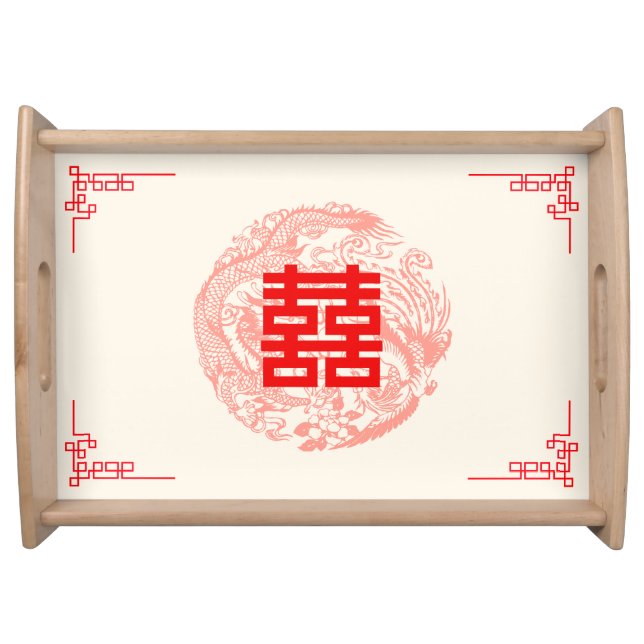 Dragon and Phoenix beige red chinese wedding Serving Tray (Front)