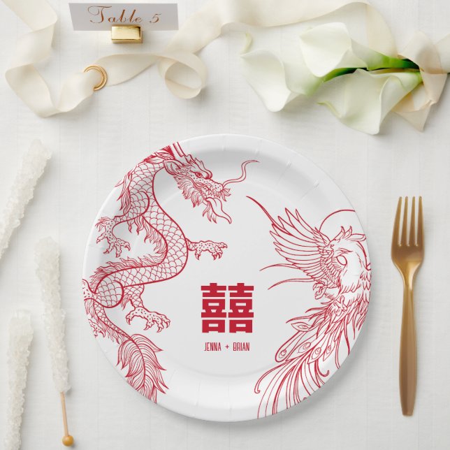 Dragon and Phoenix Clash | Double Happiness Paper Plates (Wedding)