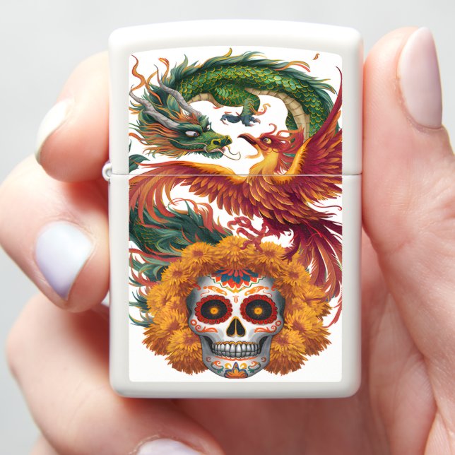 Dragon And Phoenix Day Of The Dead Skull Zippo Lighter (In Hand)