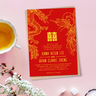 Dragon and Phoenix Double Happiness Gold+Red Invitation