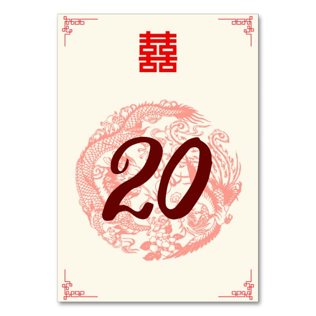 Dragon and Phoenix red chinese wedding banquet Table Number (Front)