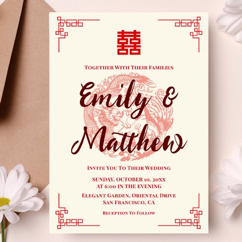 Dragon and Phoenix red chinese wedding invitation