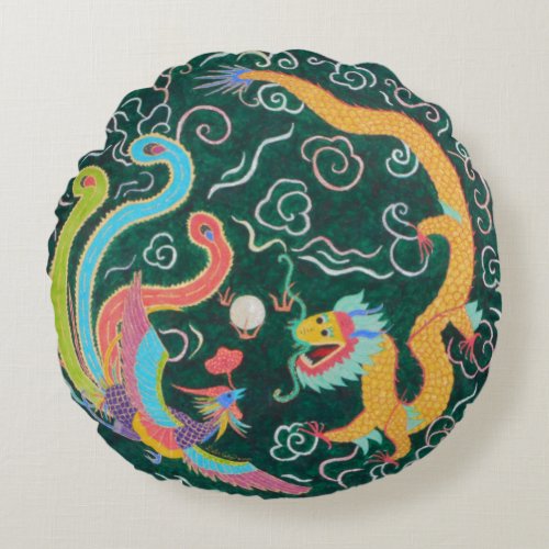 Dragon and Phoenix  Round Pillow