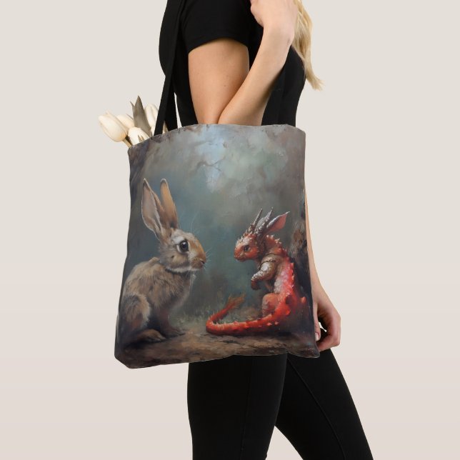 Dragon and Rabbit Fantasy Tote Bag (Close Up)