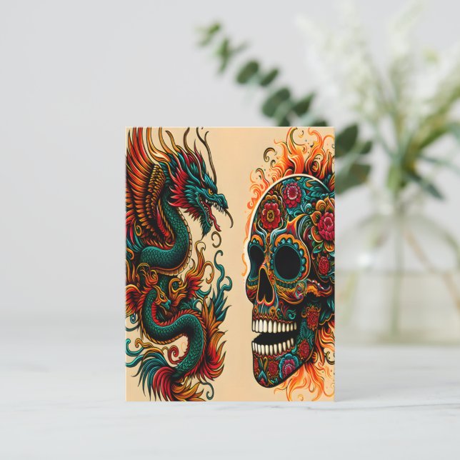 Dragon and Sugar Skull Day of the Dead Art Postcard (Standing Front)