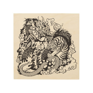dragon and tiger fighting wood wall art