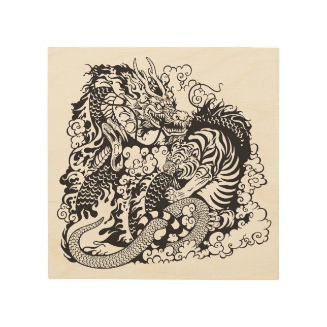 dragon and tiger fighting wood wall art (Front)