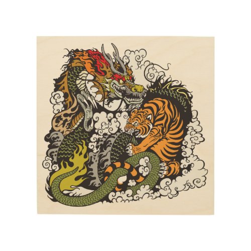 dragon and tiger fighting wood wall decor