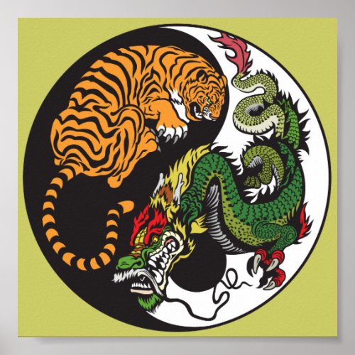 dragon and tiger yin yang symbol poster