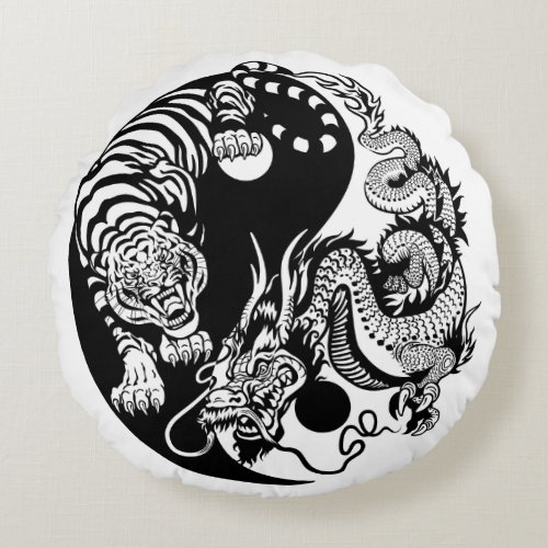 dragon and tiger yin yang symbol round pillow
