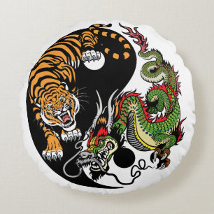 dragon and tiger yin yang symbol round pillow