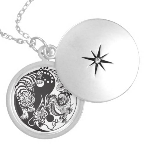 dragon and tiger yin yang symbol silver plated nec locket necklace