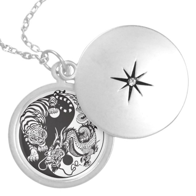 dragon and tiger yin yang symbol silver plated nec locket necklace (Front)