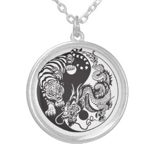 dragon and tiger yin yang symbol silver plated nec necklace