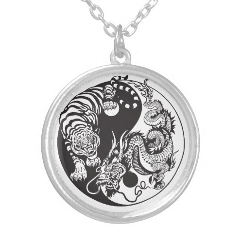 dragon and tiger yin yang symbol silver plated nec silver plated necklace