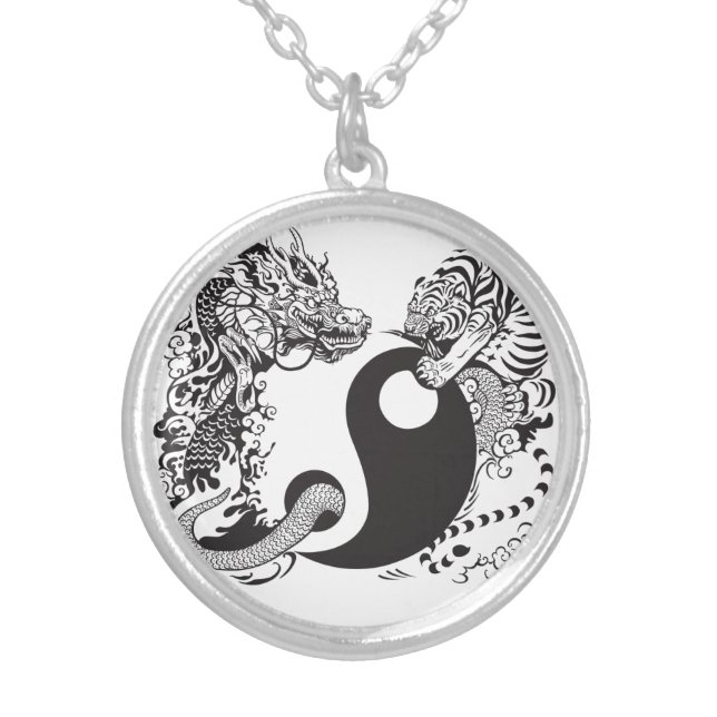 dragon and tiger yin yang symbol silver plated necklace (Front)