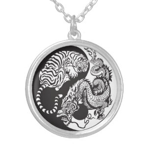 dragon and tiger yin yang symbol silver plated necklace