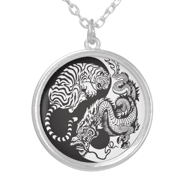 dragon and tiger yin yang symbol silver plated necklace (Front)