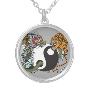 dragon and tiger yin yang symbol silver plated necklace