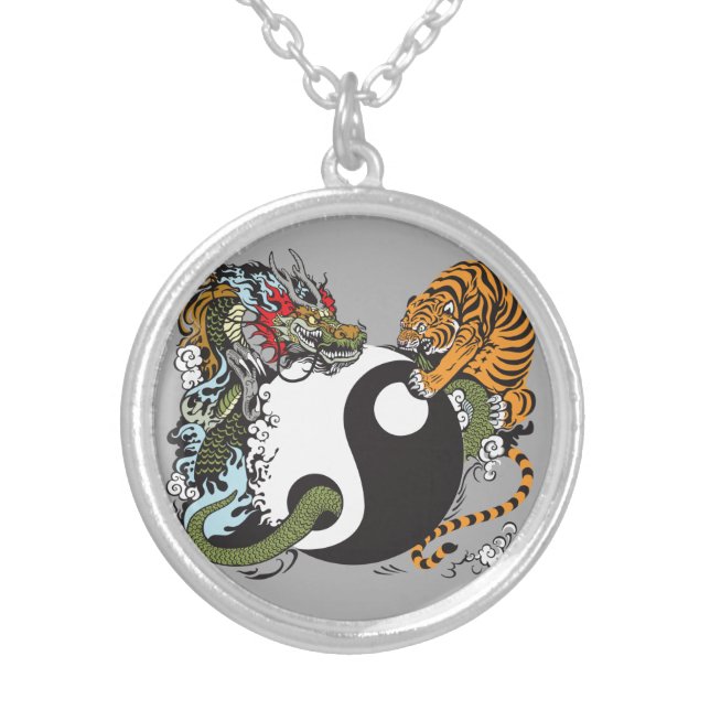 dragon and tiger yin yang symbol silver plated necklace (Front)