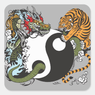 dragon and tiger yin yang symbol square sticker