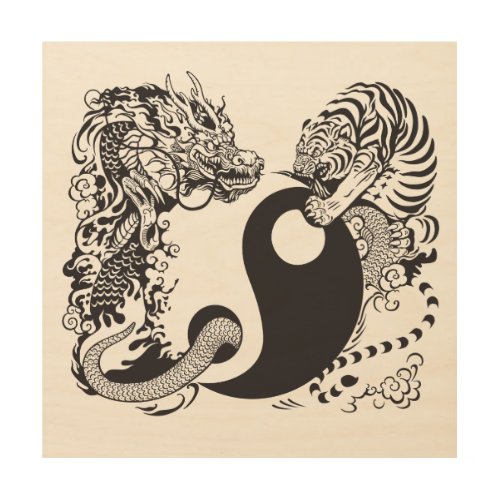 dragon and tiger yin yang symbol wood wall art