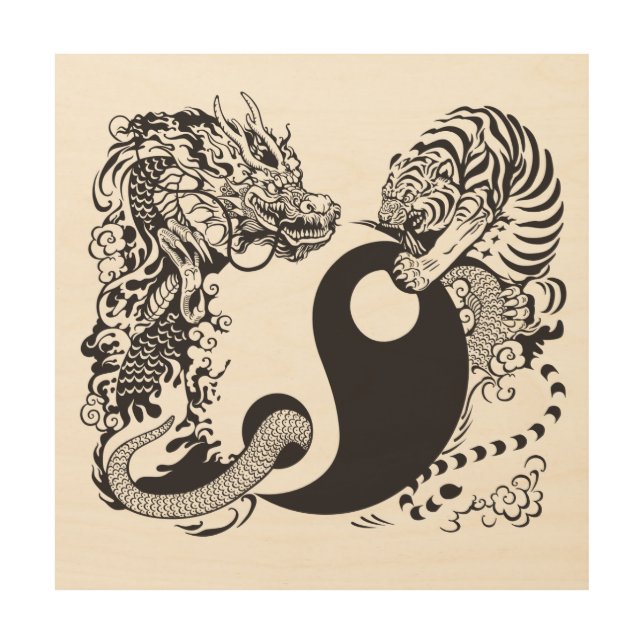 dragon and tiger yin yang symbol wood wall art (Front)