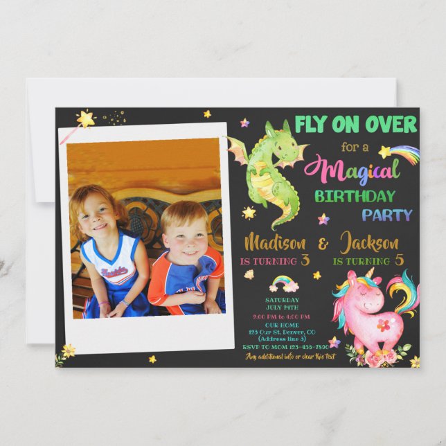 Dragon and unicorn birthday invitation boy & girl (Front)