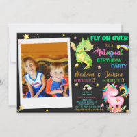 Dragon and unicorn birthday invitation boy & girl