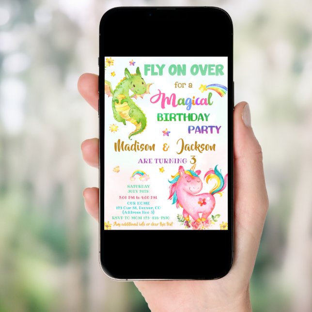 Dragon and unicorn birthday invitation boy & girl (Front Digital)