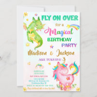 Dragon and unicorn birthday invitation boy & girl