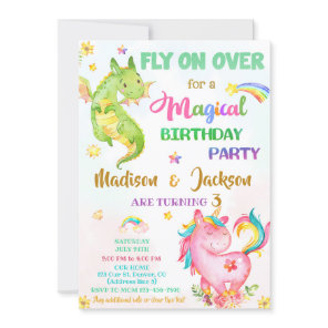 Dragon and unicorn birthday invitation boy & girl