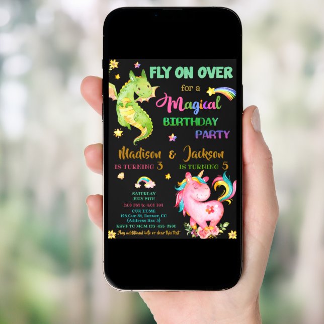 Dragon and unicorn birthday invitation boy & girl (Front Digital)