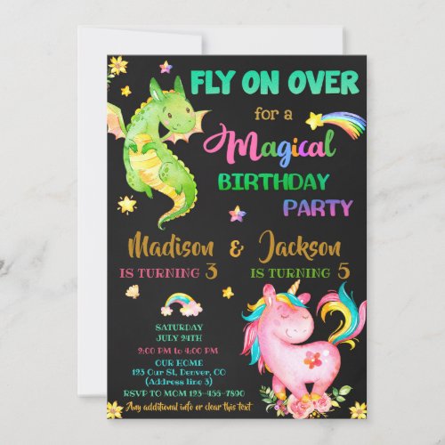 Dragon and unicorn birthday invitation boy  girl