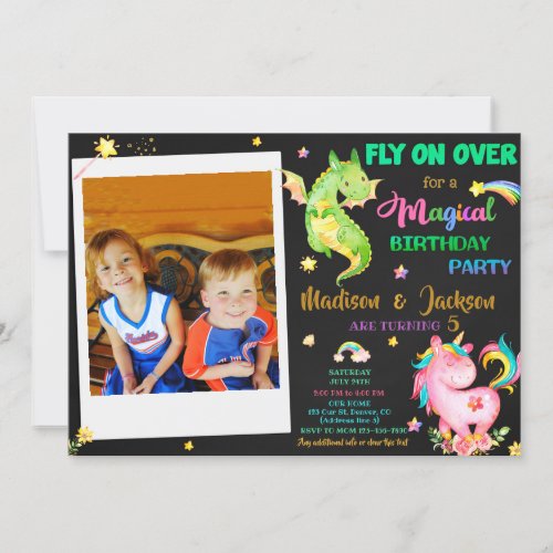 Dragon and unicorn birthday invitation boy  girl